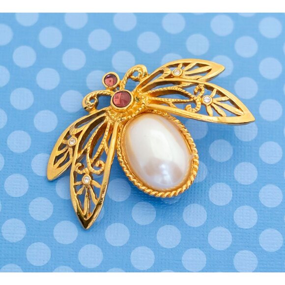 Vintage Art Nouveau Firefly Pearl and Gold Tone Brooch by Avon - M3 - Picture 1 of 3